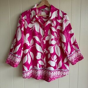 Hester & Orchard Tropical Floral Linen Blend Shirt Roll Sleeve Pink Sz M Hawaii